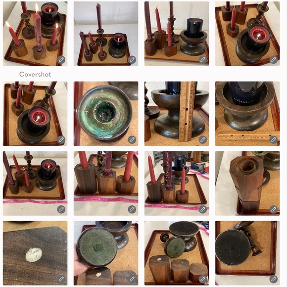 Set/5 Dark Candle Holders 3 Dark Walnut Stacking, 2 Hand Turned Candles decor - Picture 3 of 16